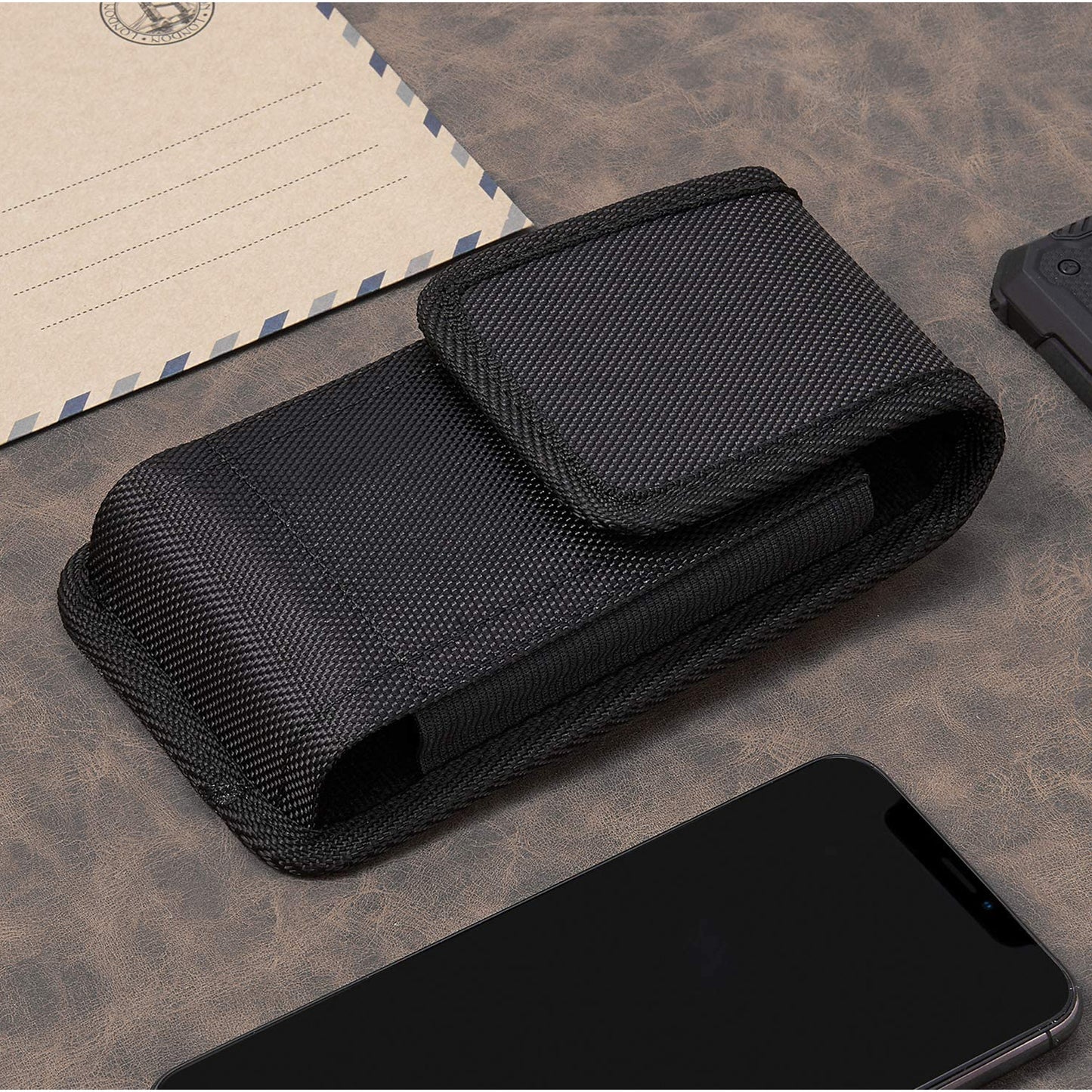 For Apple iPhone 16 Plus (6.7") Nylon Canvas Fabric Waist Belt Holster Vertical Pouch Holds XL Phone Works with Thick Cases Universal Cover [Black]