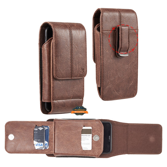 For Apple iPhone 16 Pro (6.3") Universal Vertical Leather Case Holster with 360° Rotation Belt Clip & Credit Card Slots Holder Phone Carrying Phone Waist Pouch [Brown]