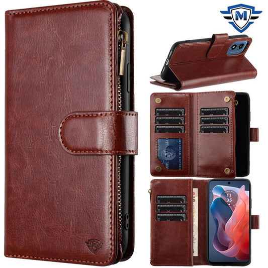 For Apple iPhone 16 Pro Max (6.9") Premium Leather Zipper Wallet with Credit Card Slots Money Pocket Luxury Clutch Pouch Stand & Strap Case Cover Brown