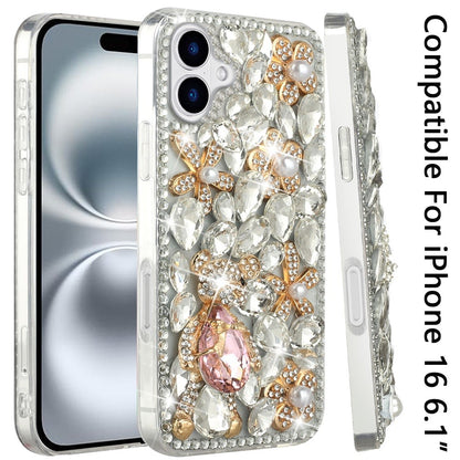 For Apple iPhone 16 (6.1") Bling Crystal 3D Full Diamonds Luxury Sparkle Rhinestone Hybrid Protective Case Cover