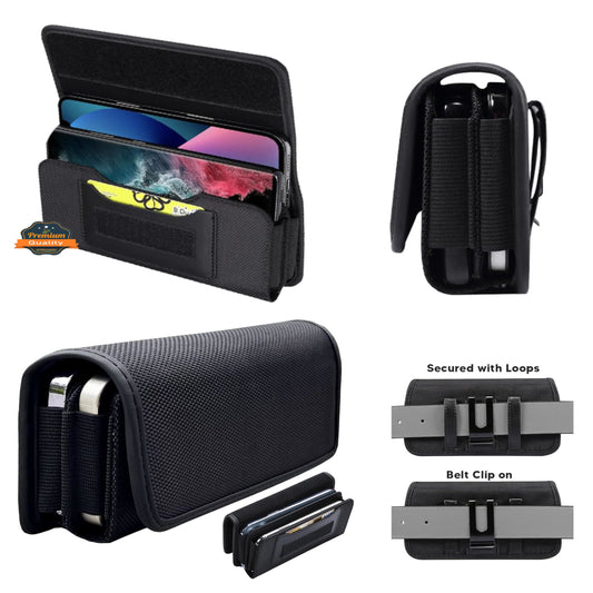 For Apple iPhone 16 Plus (6.7") Universal Dual Phone Holster Horizontal Pouch for 2 Phones, Double Decker Belt Clip Case with Credit Card Slots Wallet Cover [Black]