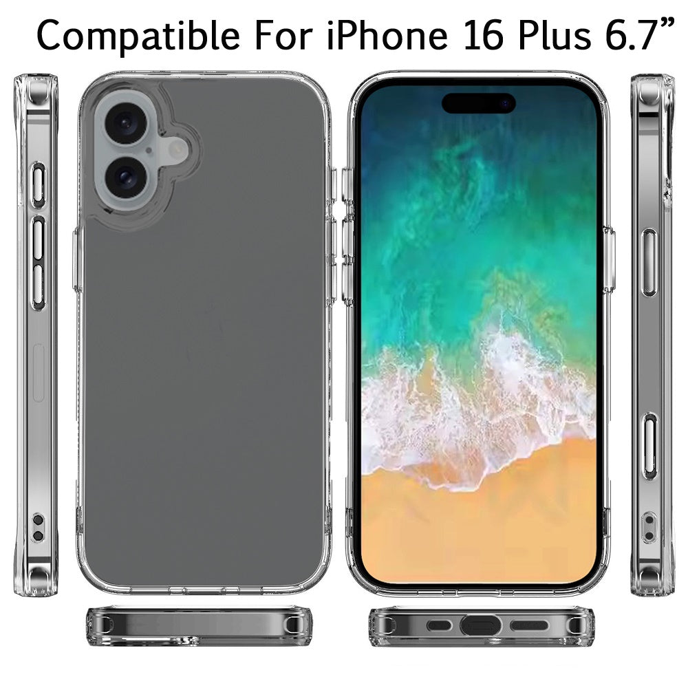 For Apple iPhone 16 Plus (6.7") Premium Hybrid HD Crystal Clear Hard PC Back Gummy Thick 2.0mm TPU Frame Slim Fit Case Cover Transparent