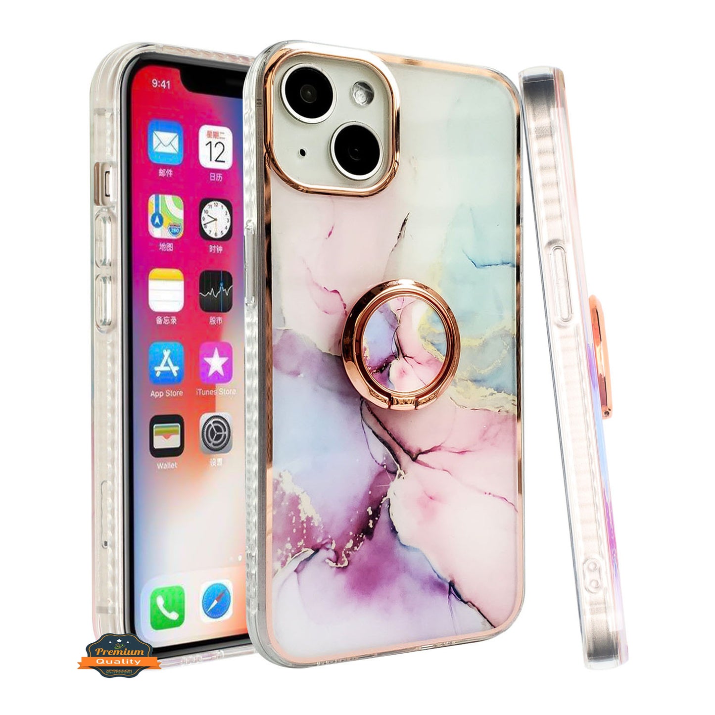 For Apple iPhone 16 Plus (6.7") Fashion Design Pattern Hybrid Ring Kickstand Bling Diamond Hard PC TPU Protective Case Cover