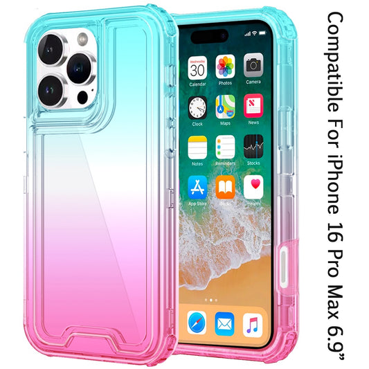 For Apple iPhone 16 Pro Max (6.9") Hybrid 3in1 Clear Two Color Tone Transparent Shockproof Rubber TPU + Hard Protective Frame Case Cover Blue Teal + Pink