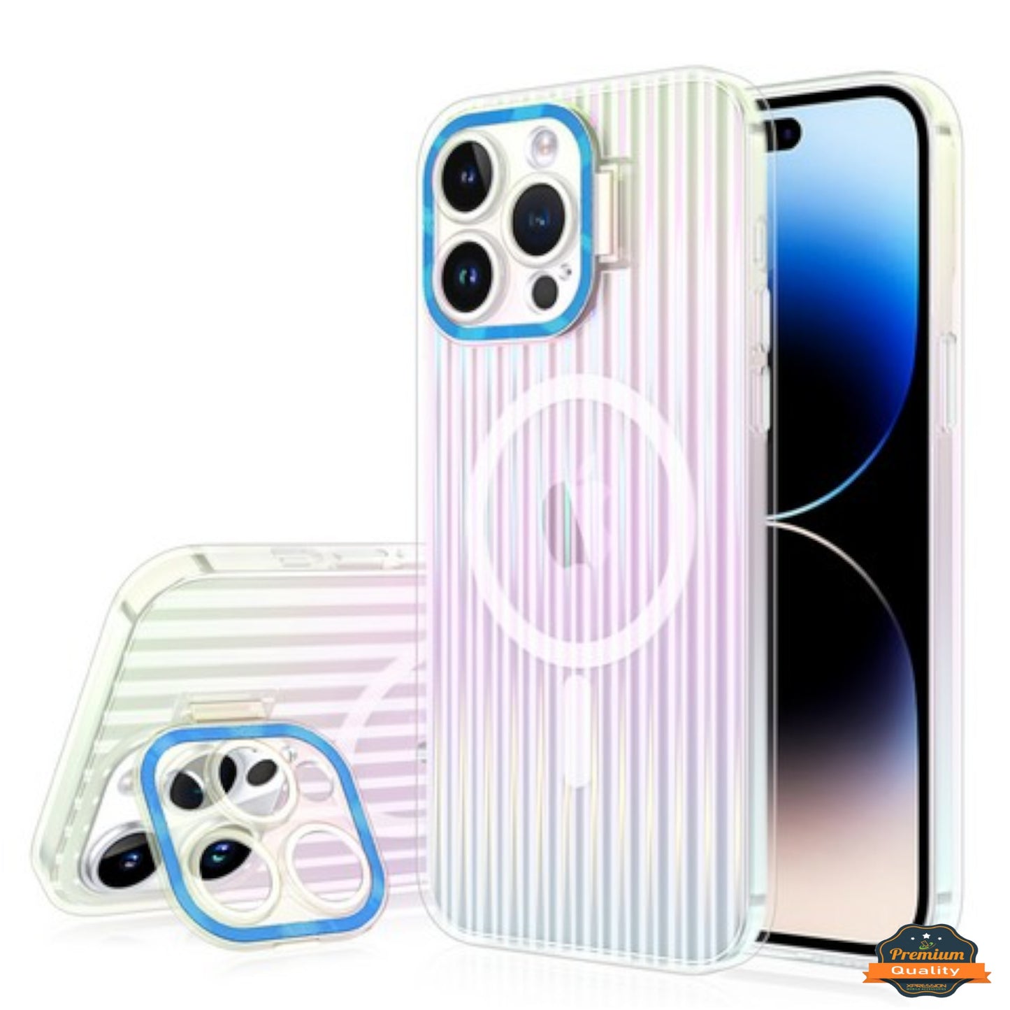 For Apple iPhone 15 Plus (6.7") Built-in Camera Kickstand Shockproof Iridescent Holographic Colorful TPU Slim Protective  Phone Case Cover