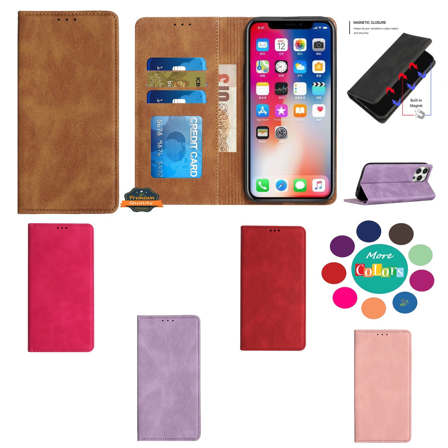 For Apple iPhone 16 Plus (6.7") PU Leather Pouch Flip Folio Wallet ID Credit Card Slots Money Holder with Magnetic Closure & Kickstand Case Cover