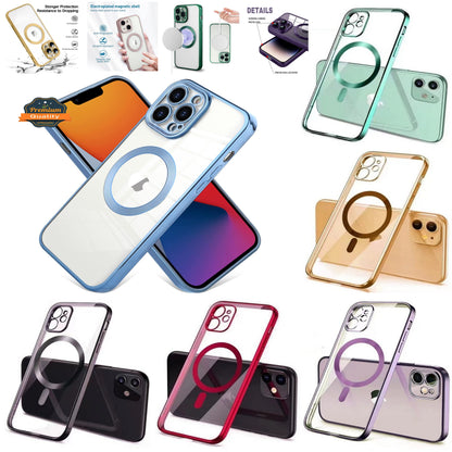 For Apple iPhone 15 (6.1") Magnetic Hybrid Clear with Plating Chrome Frame & Camera Protection Compatible with Magsafe  Phone Case Cover