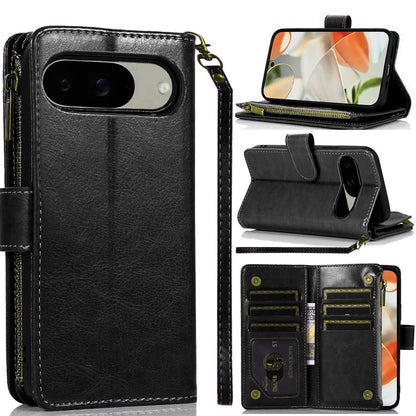 For Google Pixel 9, Pixel 9 Pro (6.3 inch) Leather Zipper Wallet Case 9 Credit Card Slots Cash Money Pocket Clutch Pouch Stand & Strap Case Cover Black