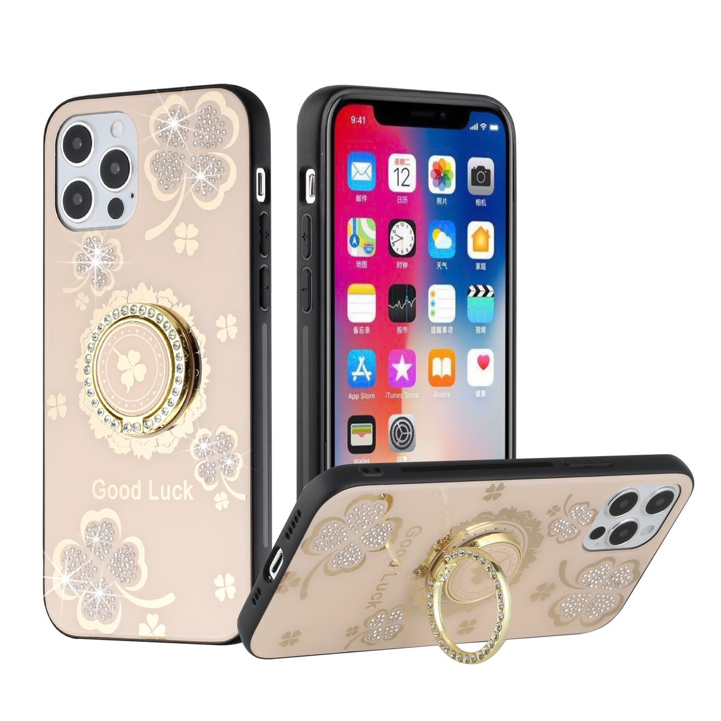 For Apple iPhone 12 Pro Max Diamonds 3D Bling Sparkly Glitter Ornaments Engraving Hybrid Metal Fashion Case Cover Gold Good Luck Floral