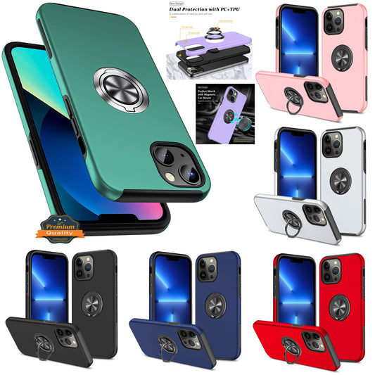 For Apple iPhone 16 (6.1") Hybrid Military Grade with Flat Metal Ring Stand 360° Rotation Kickstand Hard PC Back Slim Fit Case Cover