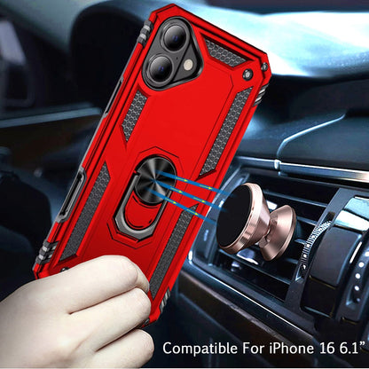 For Apple iPhone 16 (6.1") Hybrid Durable 360 Degree Rotatable Ring Stand Holder Kickstand Fit Magnetic Car Mount Case Cover