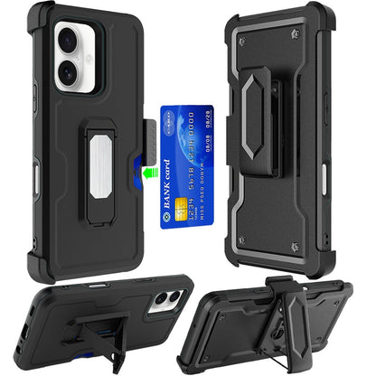 For Apple iPhone 16 Pro (6.3") Armor Shockproof Belt Clip Holster with Credit Card Holder, Kickstand Protective Full Body Heavy Duty Hybrid Case Cover Black