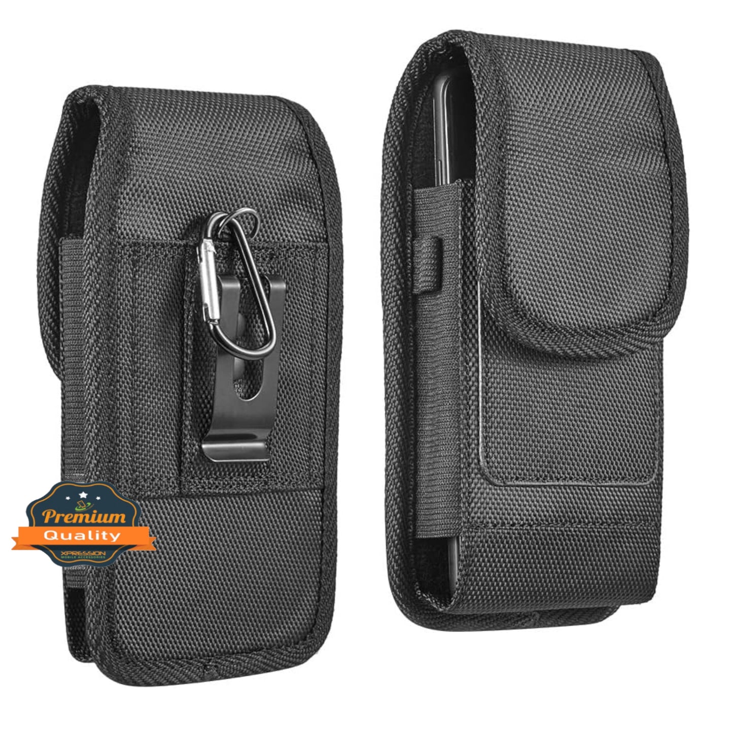 For Apple iPhone 16 Pro Max (6.9") Vertical Nylon Canvas Holster Universal Cell Phone Pouch Velcro Closure with Credit Card Slot & Belt Clip Loop Carabiner [Black]