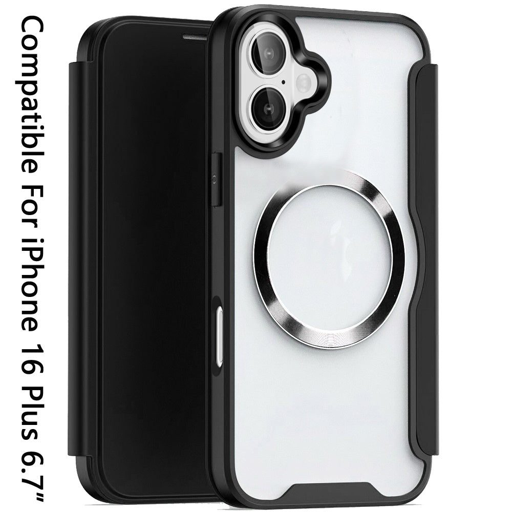 For Apple iPhone 16 Plus (6.7") Flap Wallet Case Credit Card Slot, Clear TPU Back Hard [Magnetic Circle] Compatible with Magsafe Case Cover Black