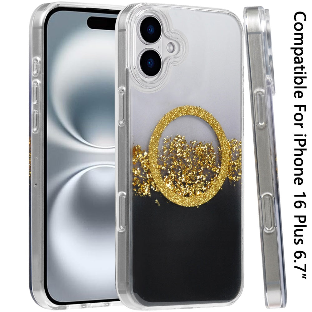 For Apple iPhone 16 Plus (6.7") Transparent Epoxy Glitter Magnetic Circle Compatible with MagSafe Hybrid Bling Sparkle Hard PC Slim TPU Case Cover