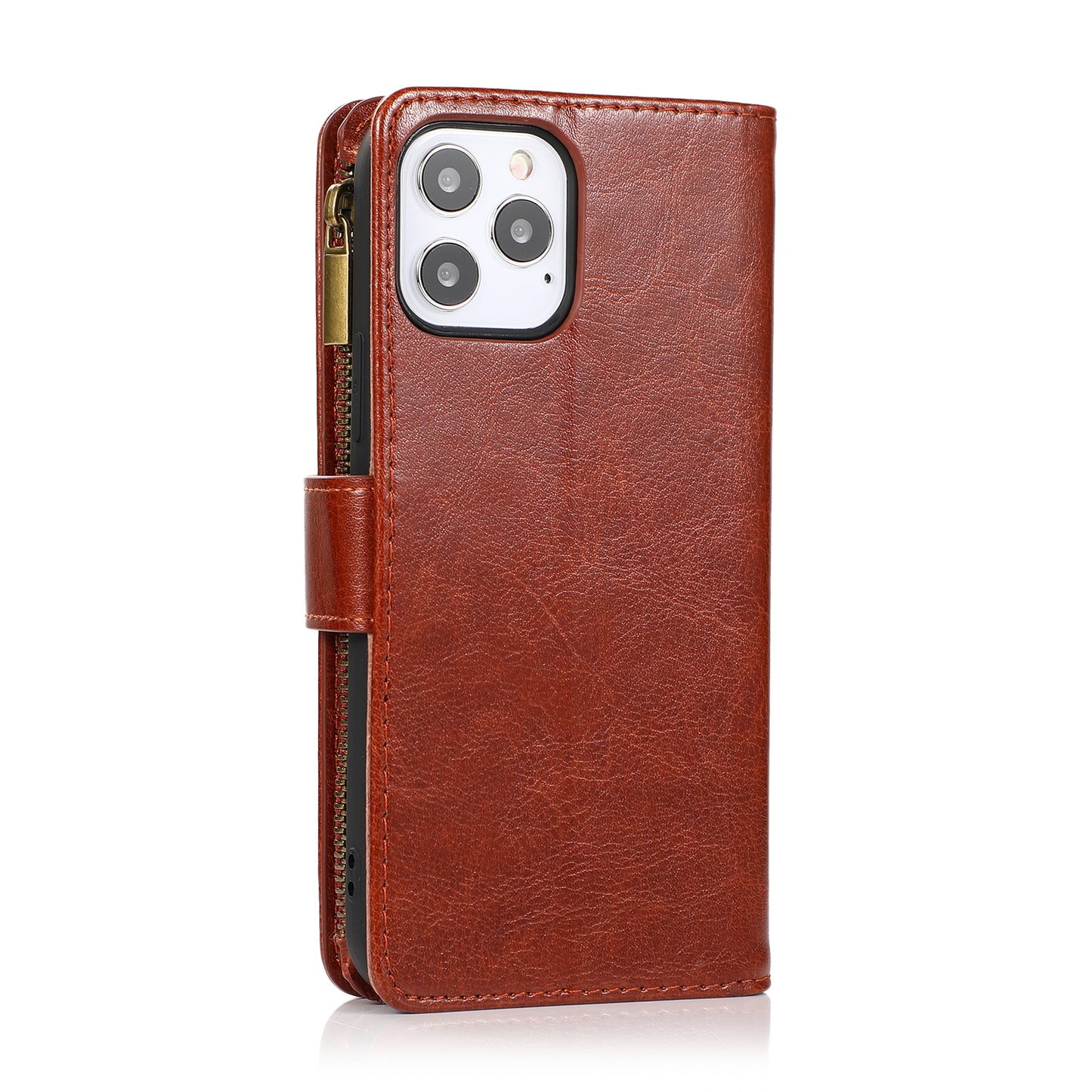 For Apple iPhone 16 Pro Max (6.9") Leather Zipper Wallet Case 9 Credit Card Slots Cash Money Pocket Clutch Pouch Stand & Strap Case Cover Brown