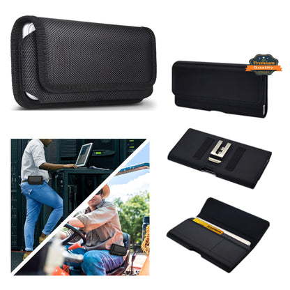 For Apple iPhone 16 Pro Max (6.9") Universal Nylon Canvas Horizontal Pouch Holster with Wallet Credit Card Slots & Belt Loop Clip Carrying Phone (7.0") [Black]