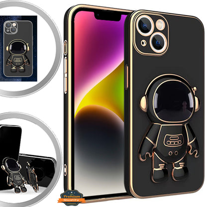 For Apple iPhone 15 (6.1") Astronaut Hidden Stand Holder Plating Hybrid Electroplated Bumper Shockproof Armor Cute  Phone Case Cover