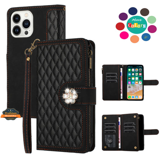 For Apple iPhone 16 Plus (6.7") PU Leather Wallet Design Jewel Bling with Credit Card Holder Flip Folio Pouch Zipper Purse Wrist Strap Case Cover