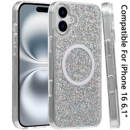 For Apple iPhone 16 (6.1") Transparent Epoxy Glitter Magnetic Circle Compatible with MagSafe Hybrid Bling Sparkle Hard PC Slim TPU Case Cover