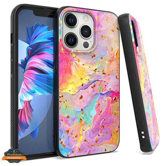 For Apple iPhone 15 Plus (6.7") Marble Fashion Stylish Flake Glitter Bling Hybrid Glossy TPU Rubber Hard PC Protection Marble Colorful Rainbow Phone Case Cover