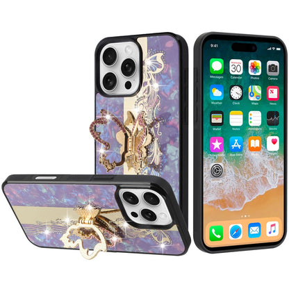 For Apple iPhone 16 Pro Max (6.9") Diamond Bling Sparkly 3D Back Ornaments Engraving Hybrid with Stand Fashion Case Cover Enchanted Butterfly Purple