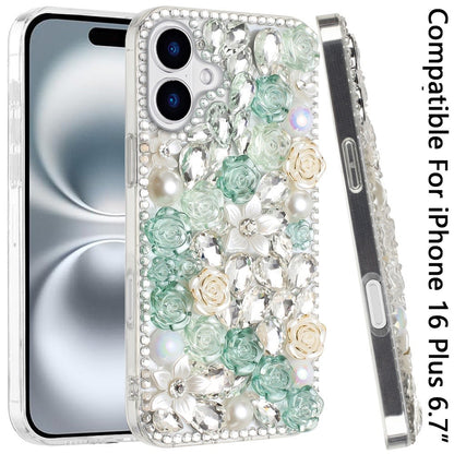 For Apple iPhone 16 Plus (6.7") Fashion Rose Flower Floral Bling Crystal 3D Full Diamonds Pearl Sparkle Rhinestone Glitter Hybrid Case Cover