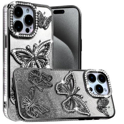 For Apple iPhone 12, Apple iPhone 12 Pro Luxury Butterfly Sparkle Glitter Diamond Crystal Rhinestone Shimmer Bling Plating Thick TPU Hard PC Case Cover