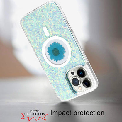 For Apple iPhone 16 Pro Max (6.9") Magnetic Circle MagSafe Wireless Compatible Epoxy Glitter Flower Shiny Sparkle Bling Hybrid Slim TPU Case Cover