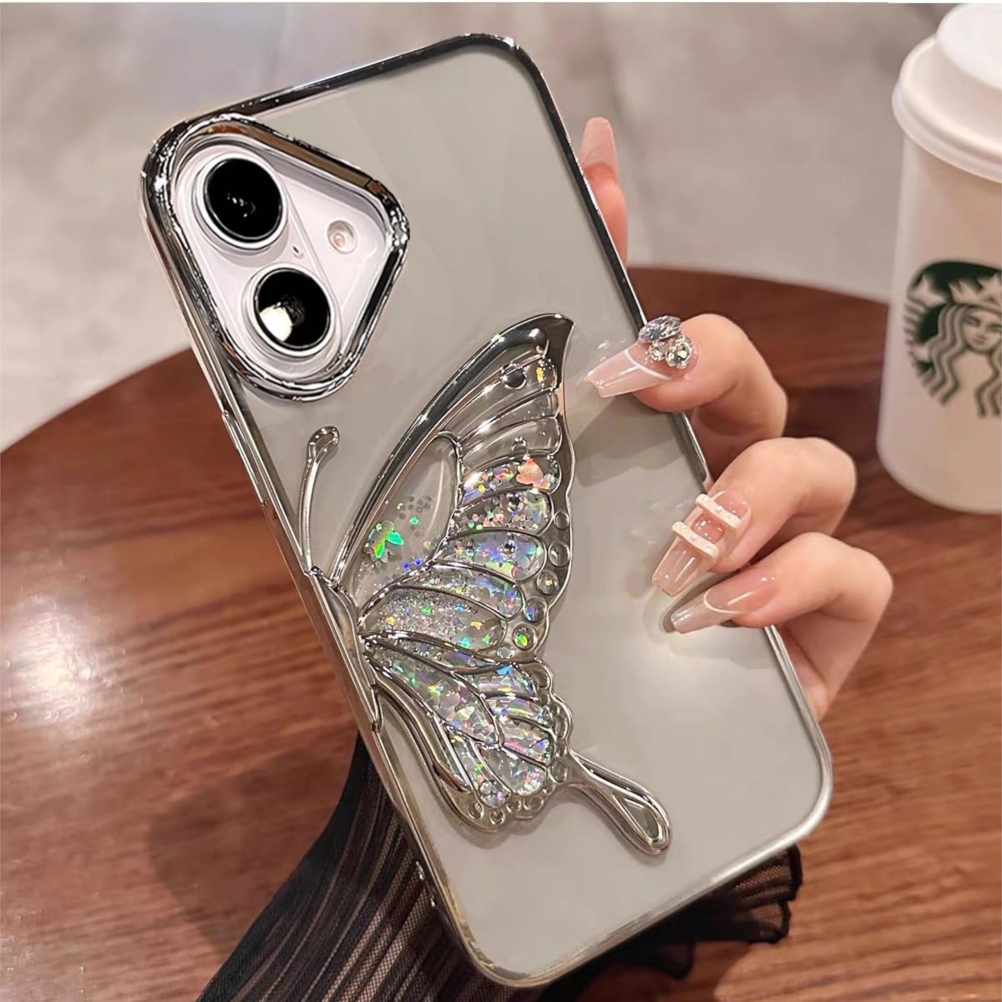 For Apple iPhone 16 Pro (6.3") Glitter 3D Butterfly Bling Luxury Electroplate Chrome Sparkle Liquid Flowing Plating Bumper Case Cover