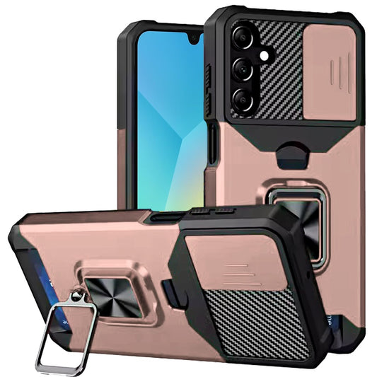 For Samsung Galaxy A16 5G Wallet Case with Ring Stand & Slide Camera Cover Credit Card Holder, Military Grade Hard Shockproof Case Cover Rose Gold