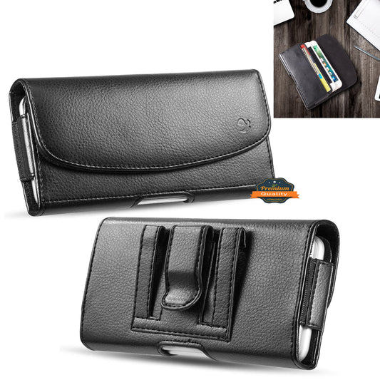 For Apple iPhone 16 Pro (6.3") Universal Horizontal PU Leather Phone Belt Holster Case Magnetic Closure with Credit Card ID Holder Pouch Cover [Black]