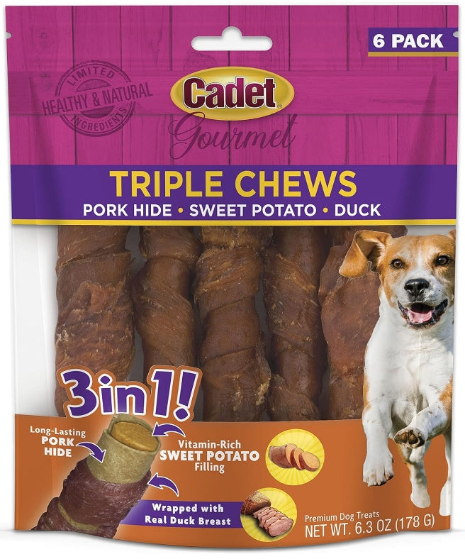 Cadet Gourmet Pork Hide Triple Chews with Duck and Sweet Potato [Dog Supplies] 6 count