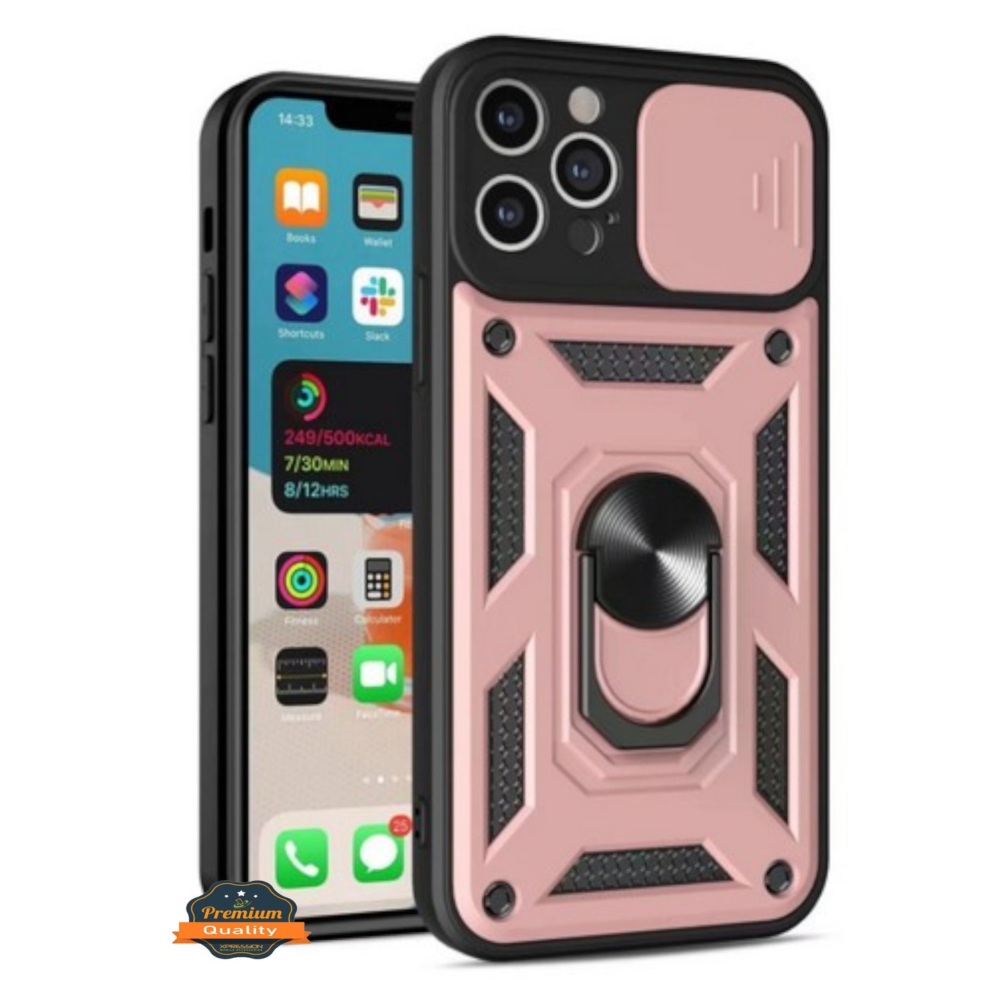 For Apple iPhone 15 (6.1") Built in Sliding Camera Lens Protection & Finger Ring Stand Holder Hybrid PC Shockproof  Phone Case Cover