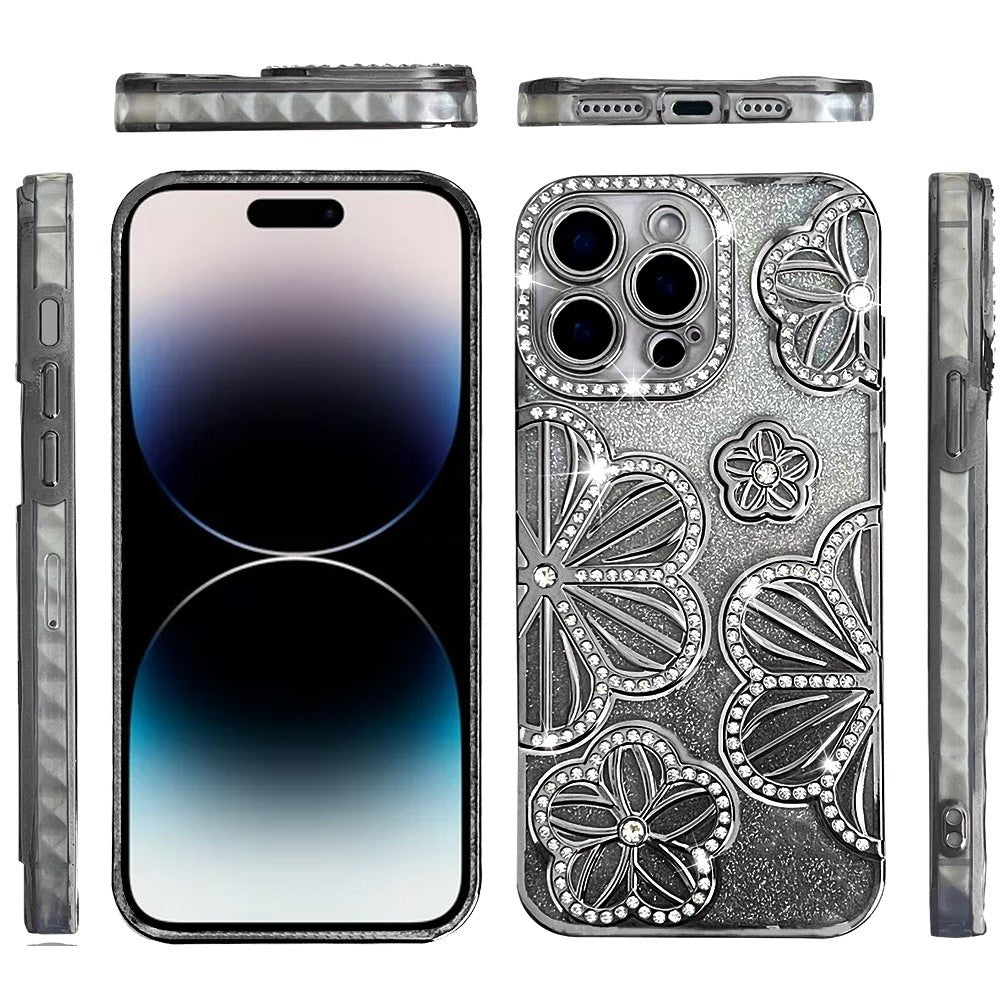 For Apple iPhone 12 Pro Max (6.7") Luxury Floral Design Sparkle Glitter Diamond Crystal Rhinestone Shimmer Bling Plating Thick TPU Hard PC Case Cover