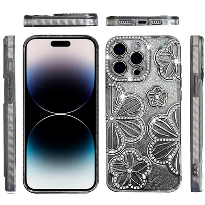 For Apple iPhone 12 Pro Max (6.7") Luxury Floral Design Sparkle Glitter Diamond Crystal Rhinestone Shimmer Bling Plating Thick TPU Hard PC Case Cover