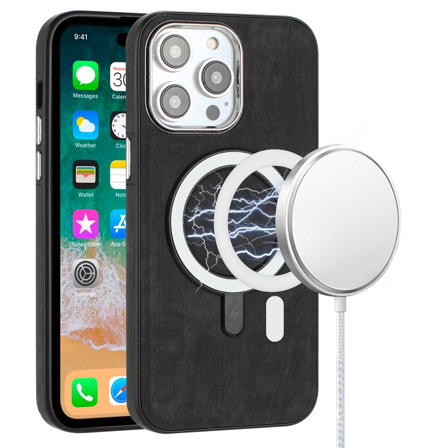 For Apple iPhone 16 Pro (6.3") PU Vegan Leather Chrome Edged Hybrid Hard PC TPU Rubber Compatible with MagSafe Case Cover