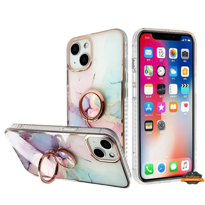 For Apple iPhone 15 Pro Max (6.7") Fashion Design Pattern Hybrid Ring Kickstand Bling Diamond Hard Protective  Phone Case Cover