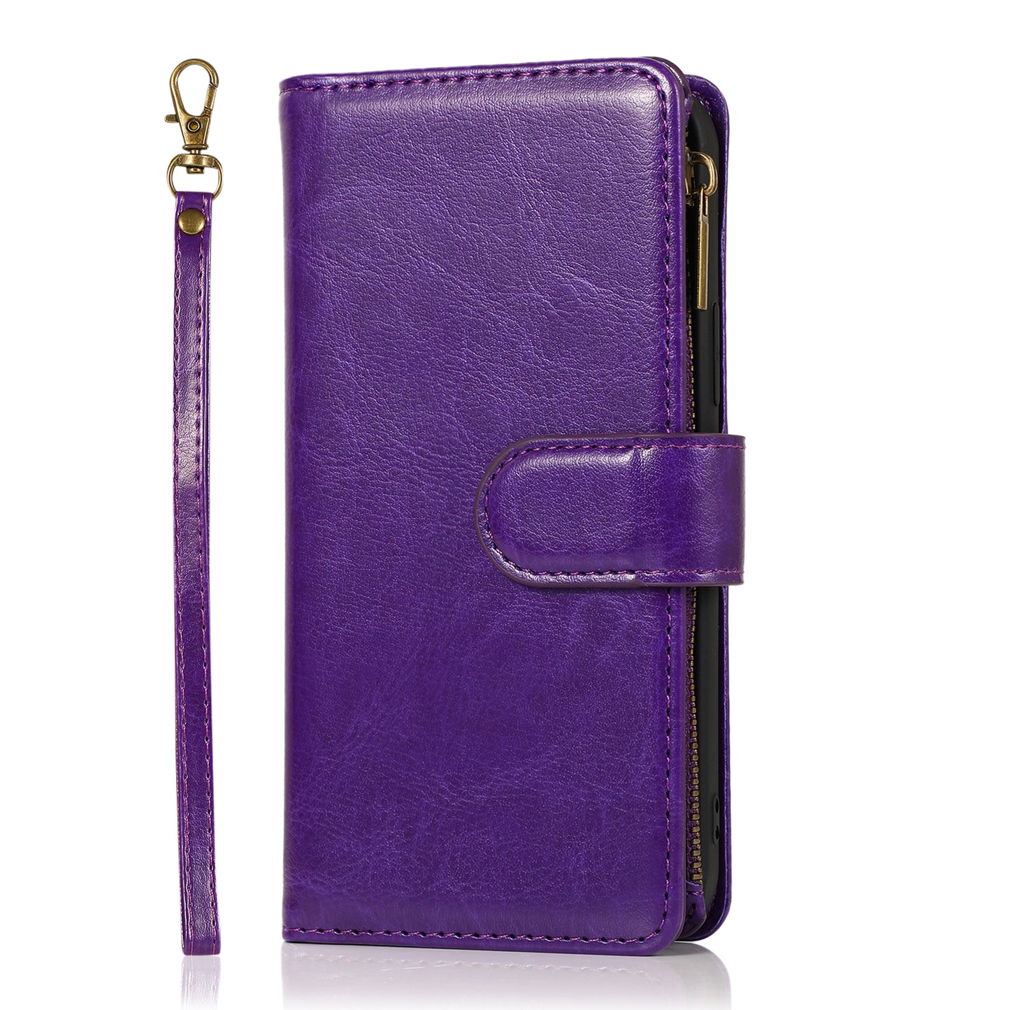 For Apple iPhone 16 (6.1") Leather Zipper Wallet Case 9 Credit Card Slots Cash Money Pocket Clutch Pouch Stand & Strap Case Cover Purple