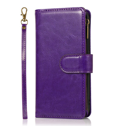 For Apple iPhone 16 (6.1") Leather Zipper Wallet Case 9 Credit Card Slots Cash Money Pocket Clutch Pouch Stand & Strap Case Cover Purple