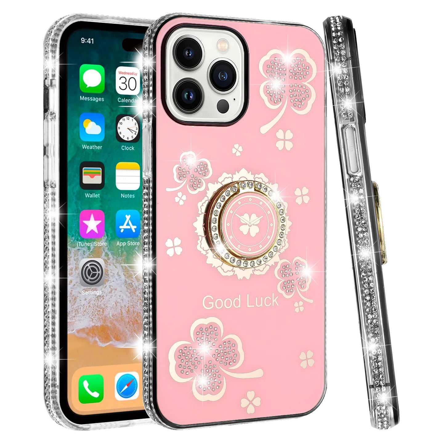 For Apple iPhone 16 Pro Max (6.9") Diamonds Bling All Around Edges Sparkly Glitter Hybrid with Ring Stand Holder Fashion Good Luck Case Cover