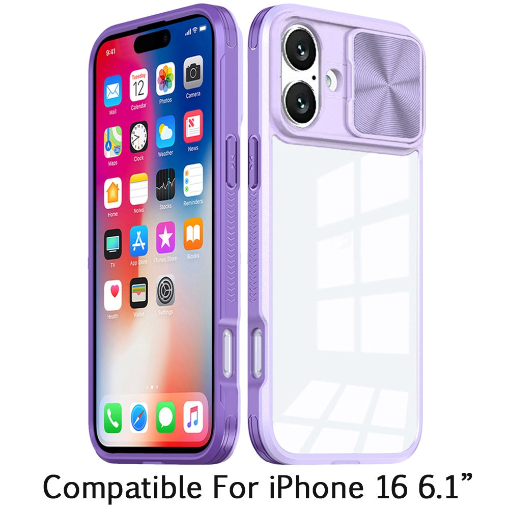 For Apple iPhone 16 (6.1") Hybrid Cases with Sliding Camera Cover Transparent Shockproof Bumper TPU Protective Case Cover