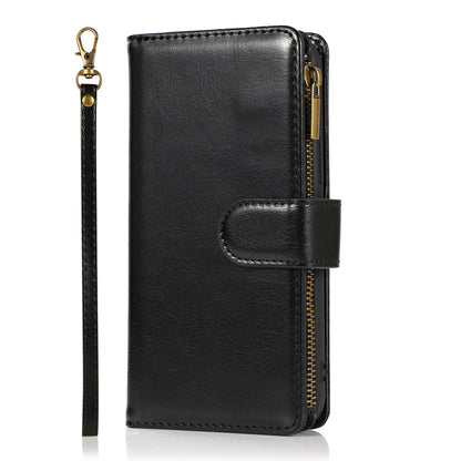 For Apple iPhone 16 Plus (6.7") Leather Zipper Wallet Case 9 Credit Card Slots Cash Money Pocket Clutch Pouch Stand & Strap Case Cover Black