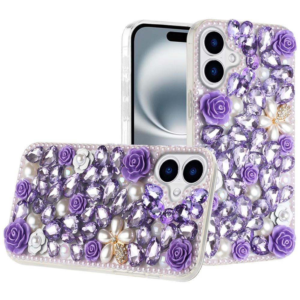 For Apple iPhone 16 Plus (6.7") Fashion Rose Flower Floral Bling Crystal 3D Full Diamonds Pearl Sparkle Rhinestone Glitter Hybrid Case Cover