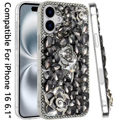 For Apple iPhone 16 (6.1") Bling Crystal 3D Full Diamonds Luxury Sparkle Rhinestone Hybrid Protective Case Cover