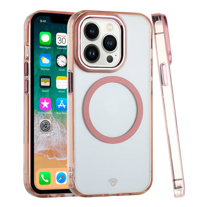 For Apple iPhone 16 Pro Max (6.9") Transparent Back Hybrid Circle Ring Magnetic Compatible with MagSafe Color Frame Metal Buttons Case Cover