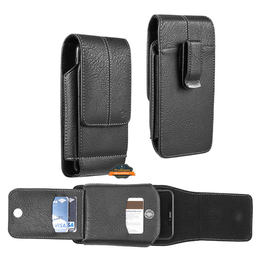 For Apple iPhone 16 Pro (6.3") Universal Vertical Leather Case Holster with 360° Rotation Belt Clip & Credit Card Slots Holder Phone Carrying Phone Waist Pouch [Black]