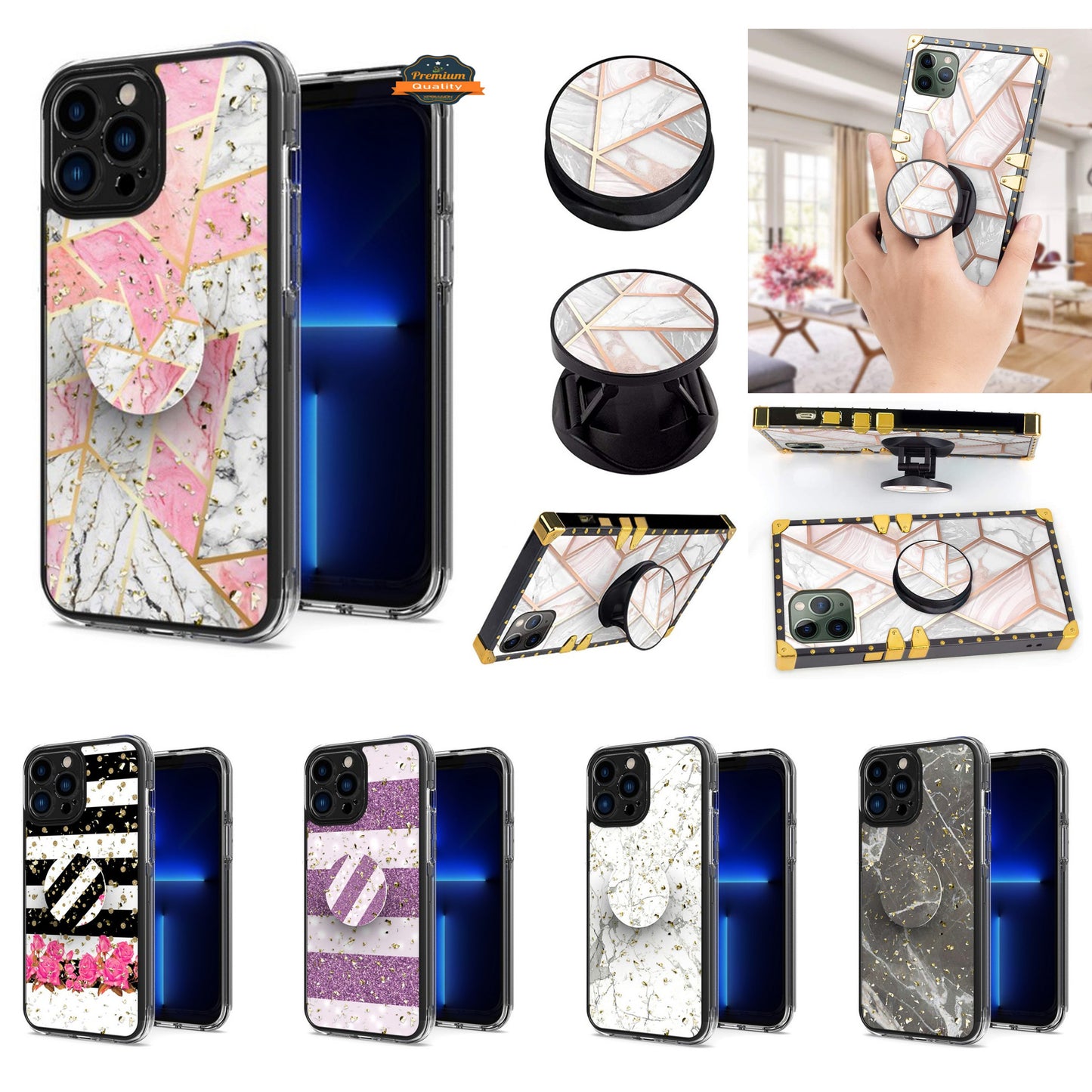 For Apple iPhone 15 Plus (6.7") Elegant Pattern Design Bling Glitter Hybrid Ring Stand Pop Up Finger Holder Kickstand  Phone Case Cover