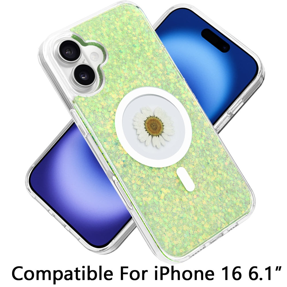 For Apple iPhone 16 (6.1") Magnetic Circle MagSafe Wireless Compatible Epoxy Glitter Flower Shiny Sparkle Bling Hybrid Slim TPU Case Cover