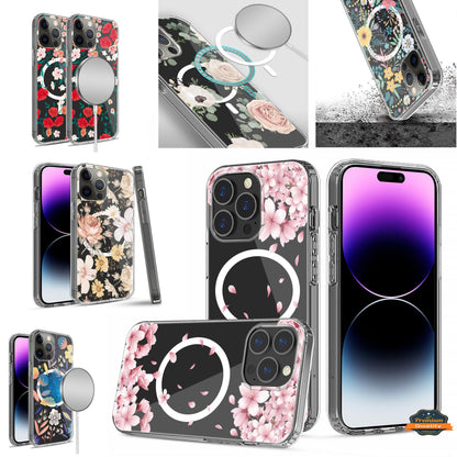 For Apple iPhone 16 Pro Max (6.9") Hybrid Flower Design Stylish Fashion Thick Hard MagSafe Compatible Shockproof Case Cover